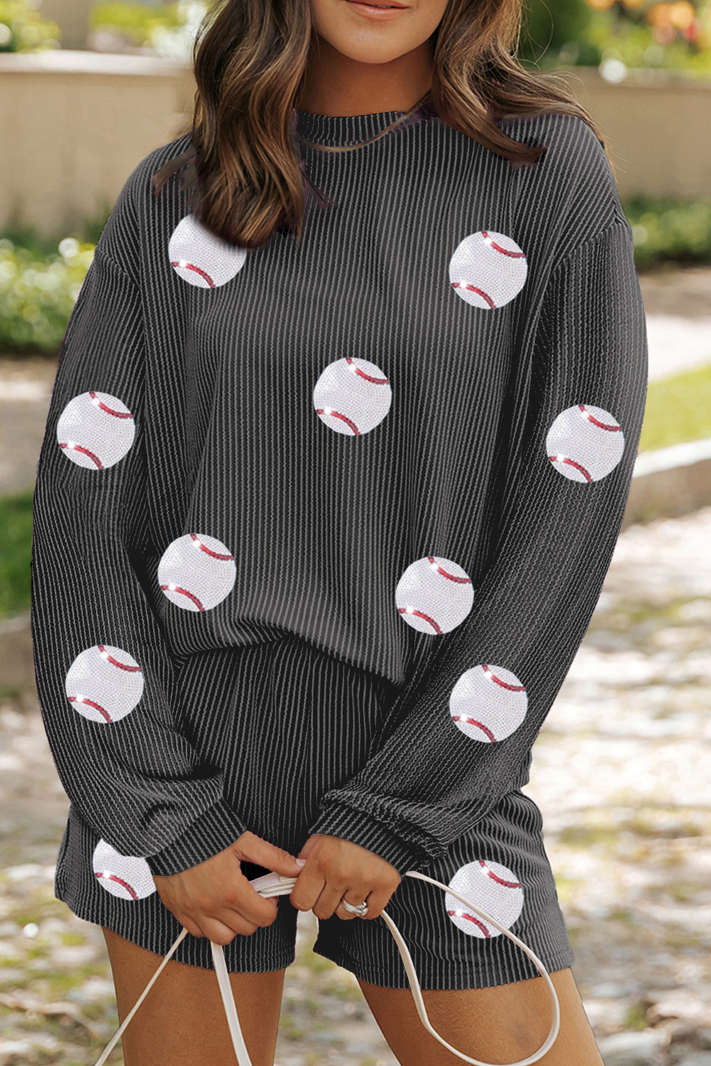 Carbon Grey Baseball Patched Corded Long Sleeve Top and Shorts Set