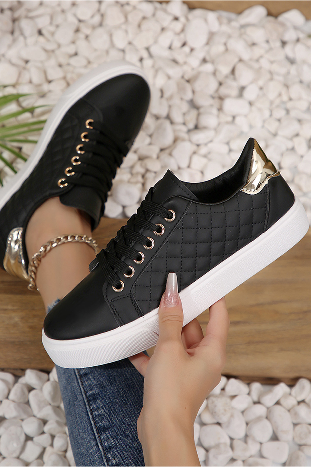 Black Quilted Lack Up Sneakers