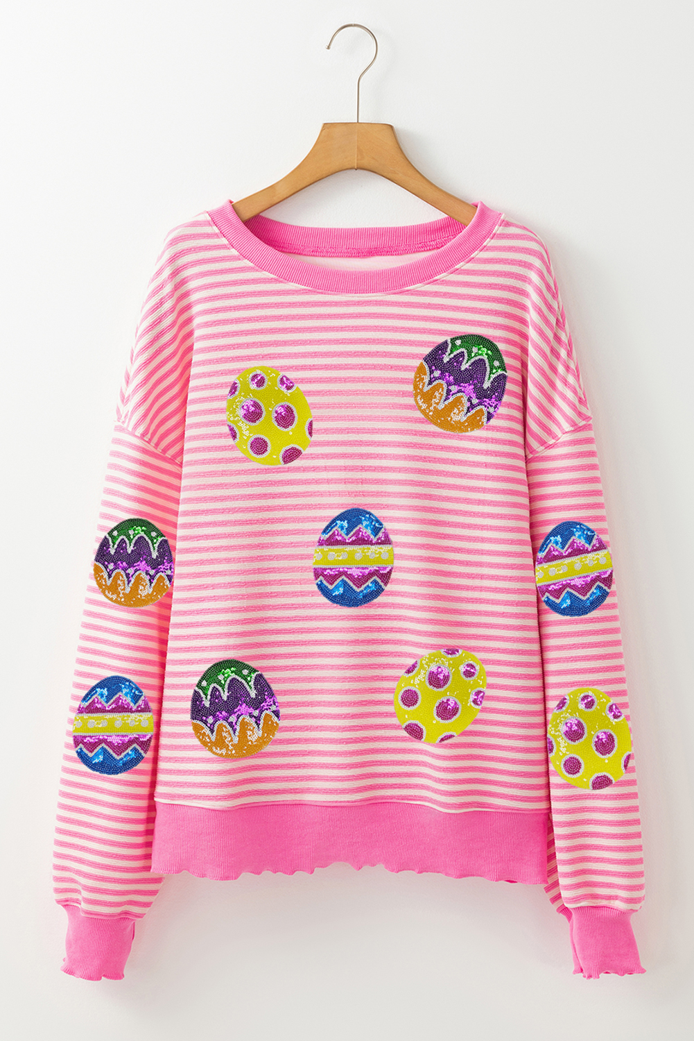 Pink Stripe Easter Egg Patched Graphic Long Sleeve Top