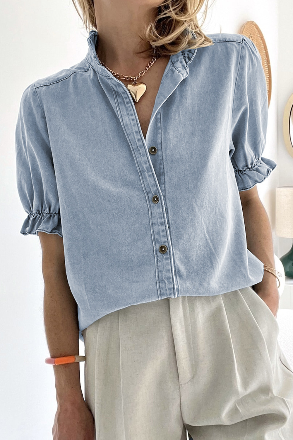 Beau Blue Frill Puff Sleeve Summer Chambray Shirt
