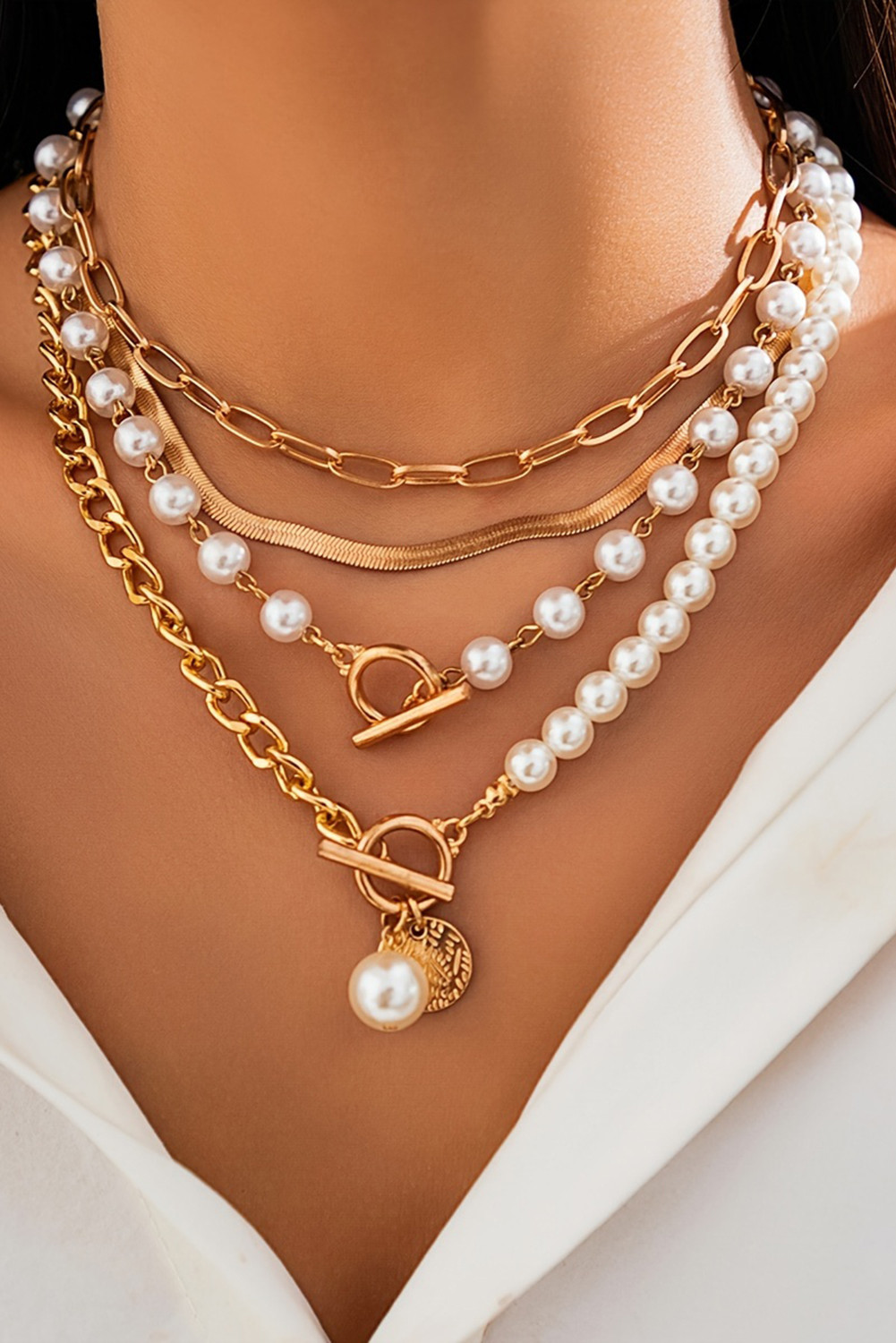 Gold Pearl Fashion Layered Necklace