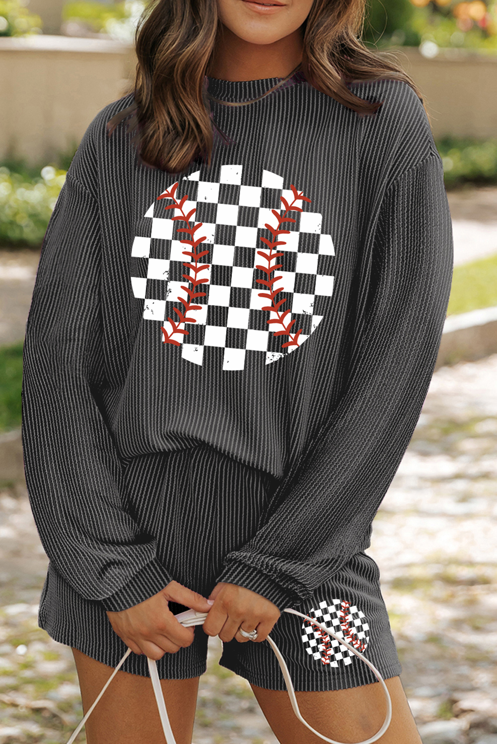Carbon Grey Corded Checkerboard Baseball Graphic Long Sleeve Top and Shorts Set