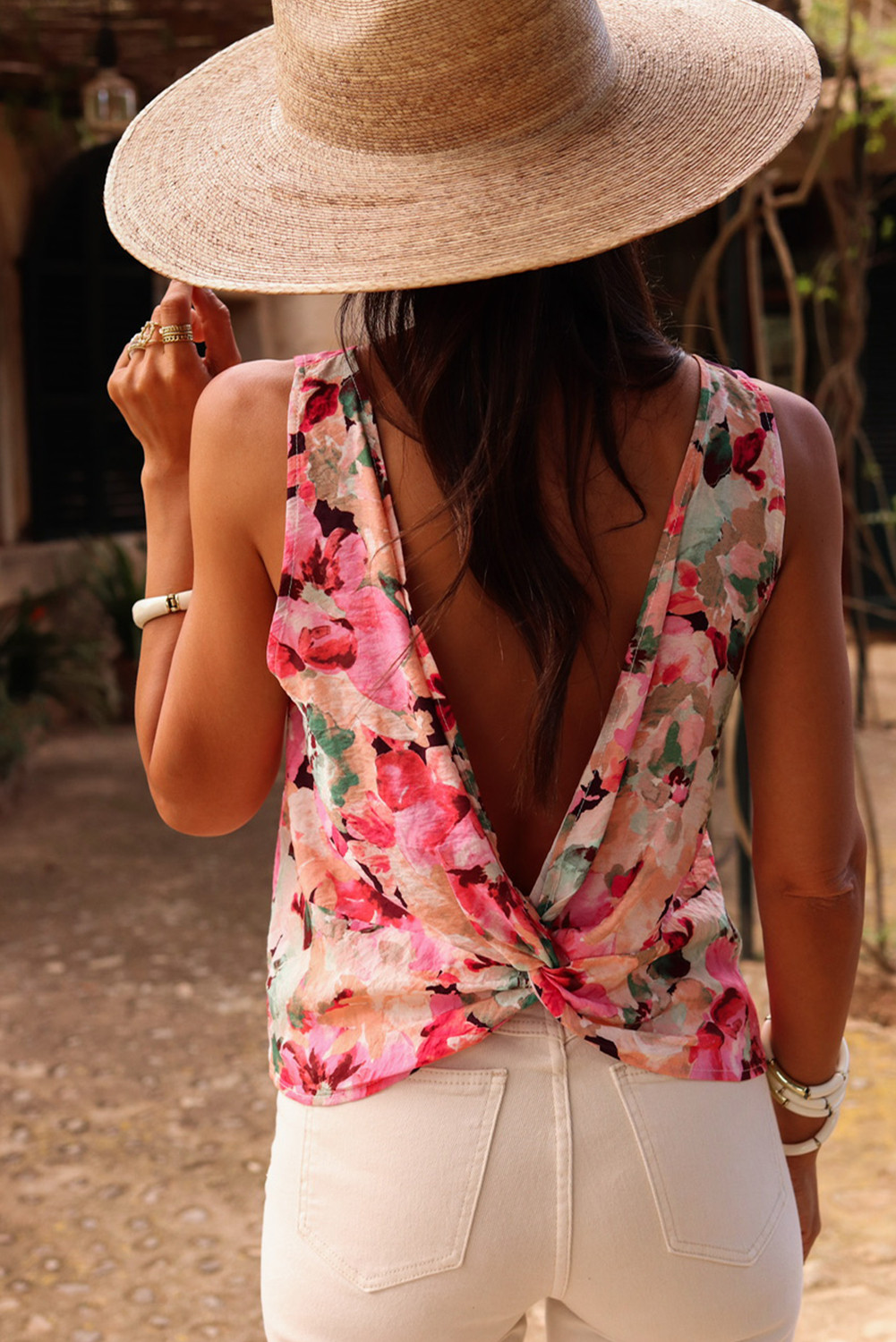 Pink Floral Round Neck Twisted Backless Tank Top