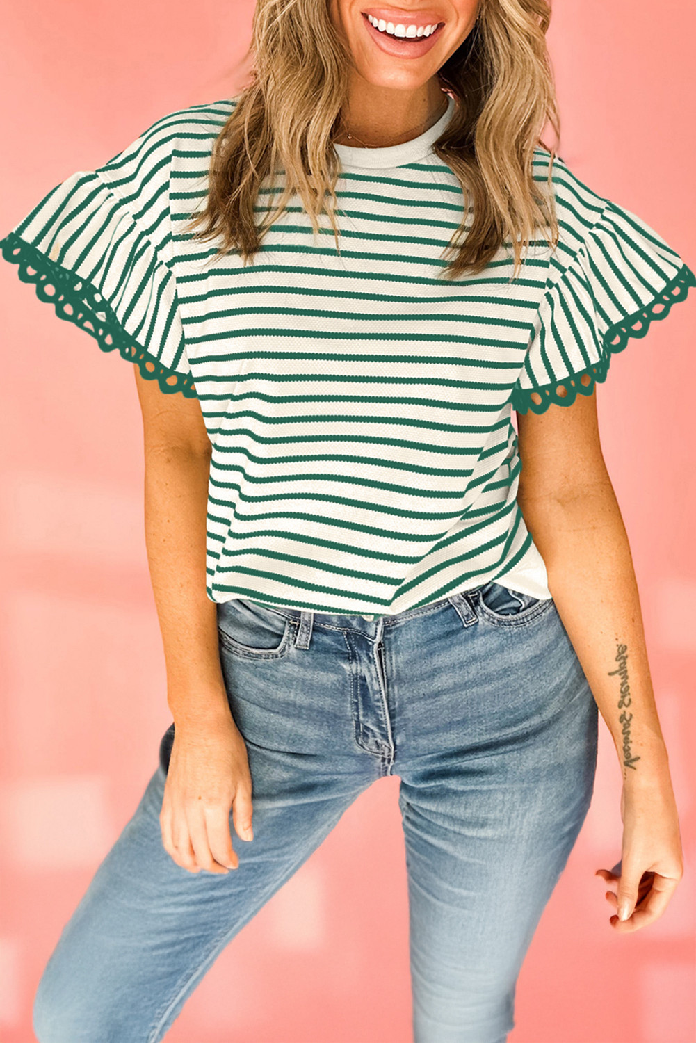 Green Stripe Scallop Lace Trim Ruffle Sleeve Crewneck Top
