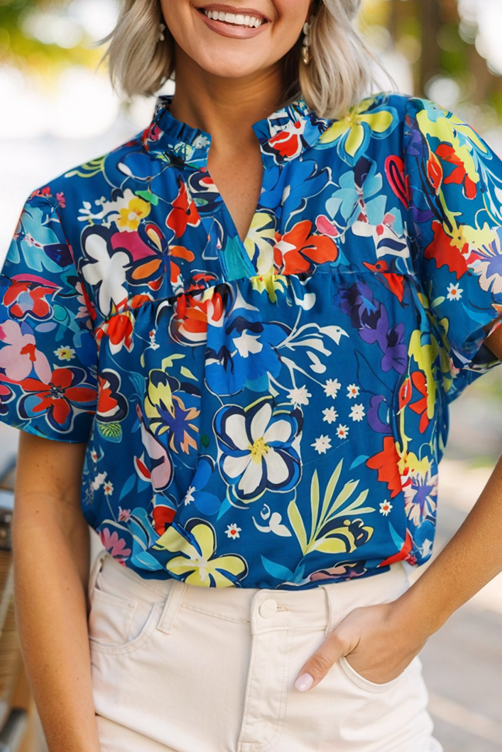 Shewin Wholesale CLOTHING Blue Flower Print Notch V Neck Puff Sleeve Babydoll Blouse