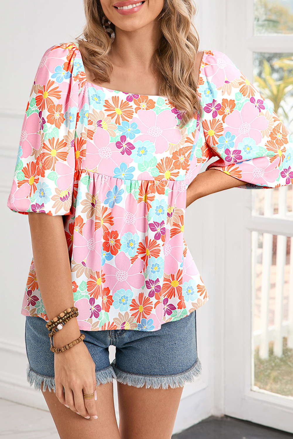 Pink Floral Puff Sleeve Square Neck Babydoll Blouse