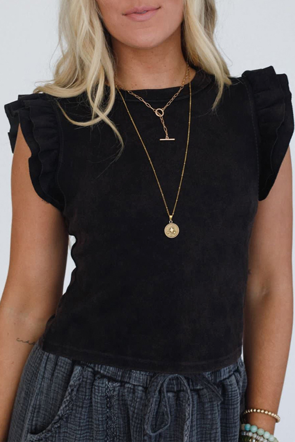 Black Ruffle Crew Neck Slim Fit Top