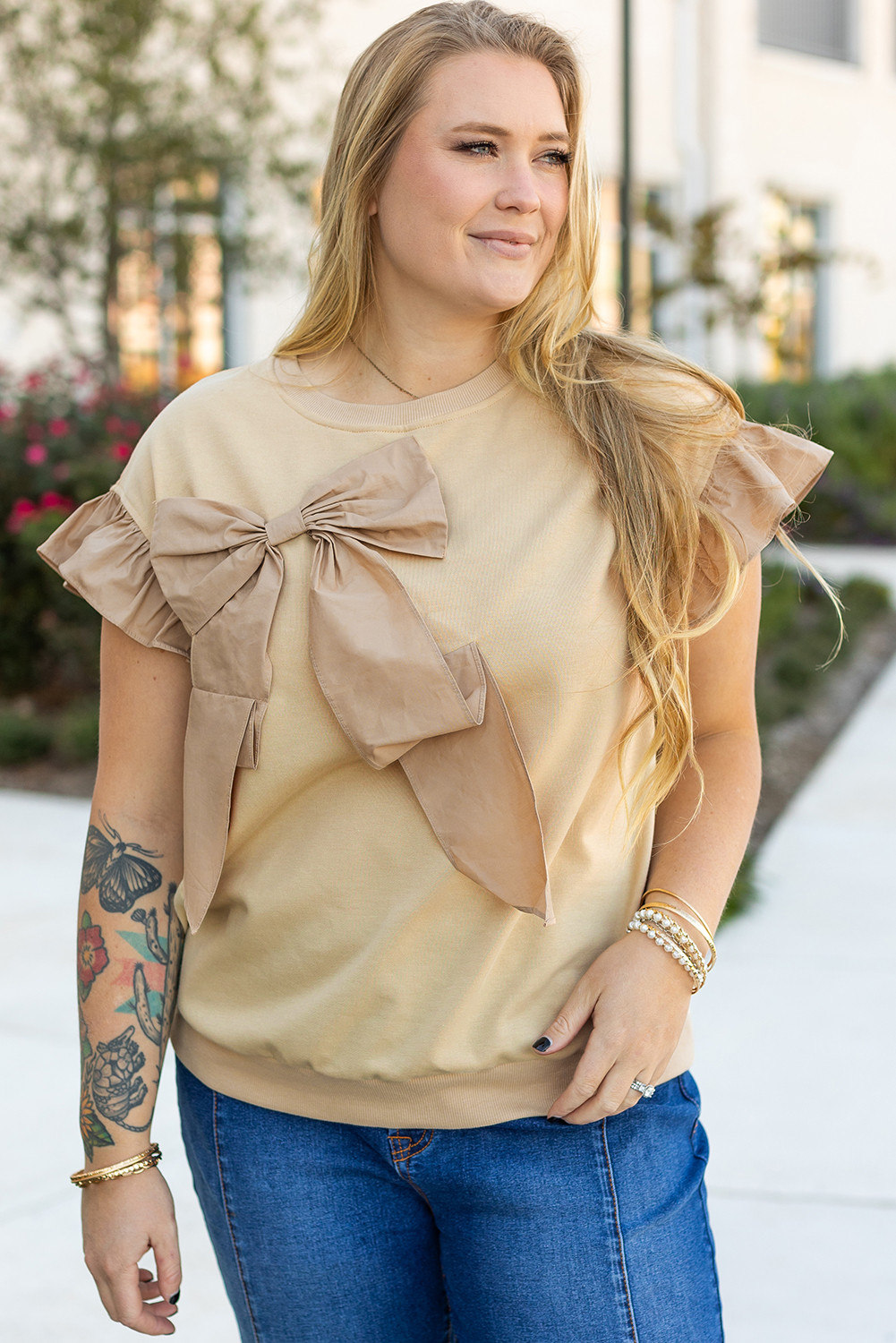 Parchment Ruffle Short Sleeve Bowknot Applique Plus Size Top