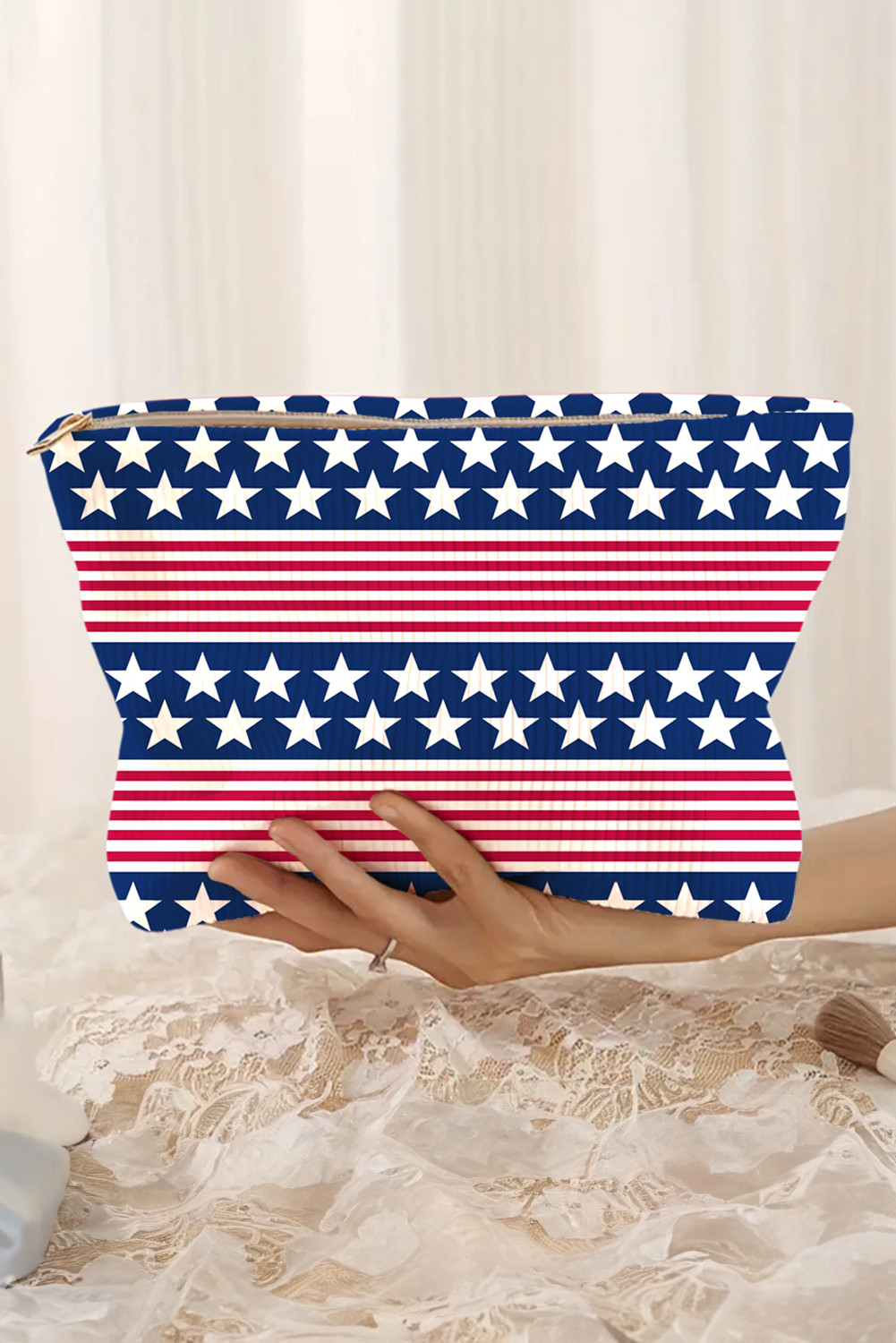 Ivy Stripe Star Zipper Corduroy Makeup Bag