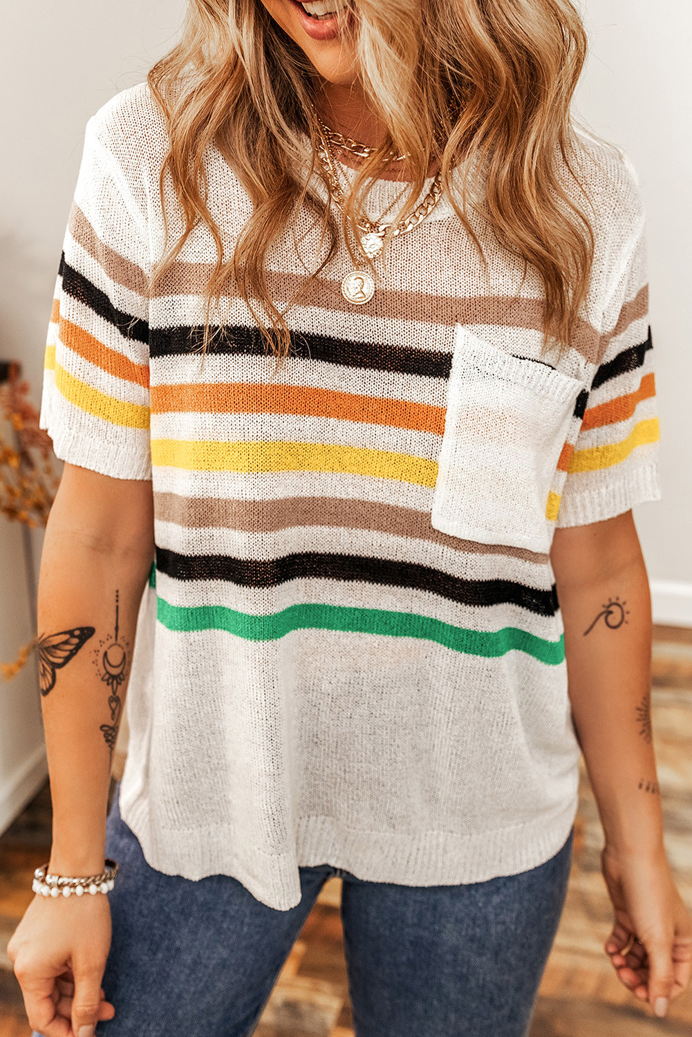 White Colorful Striped Pocket Loose Fit Knitted T Shirt