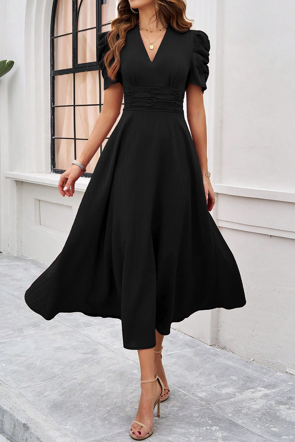 Black Solid Color High Waist V Neck Short Sleeve Dress