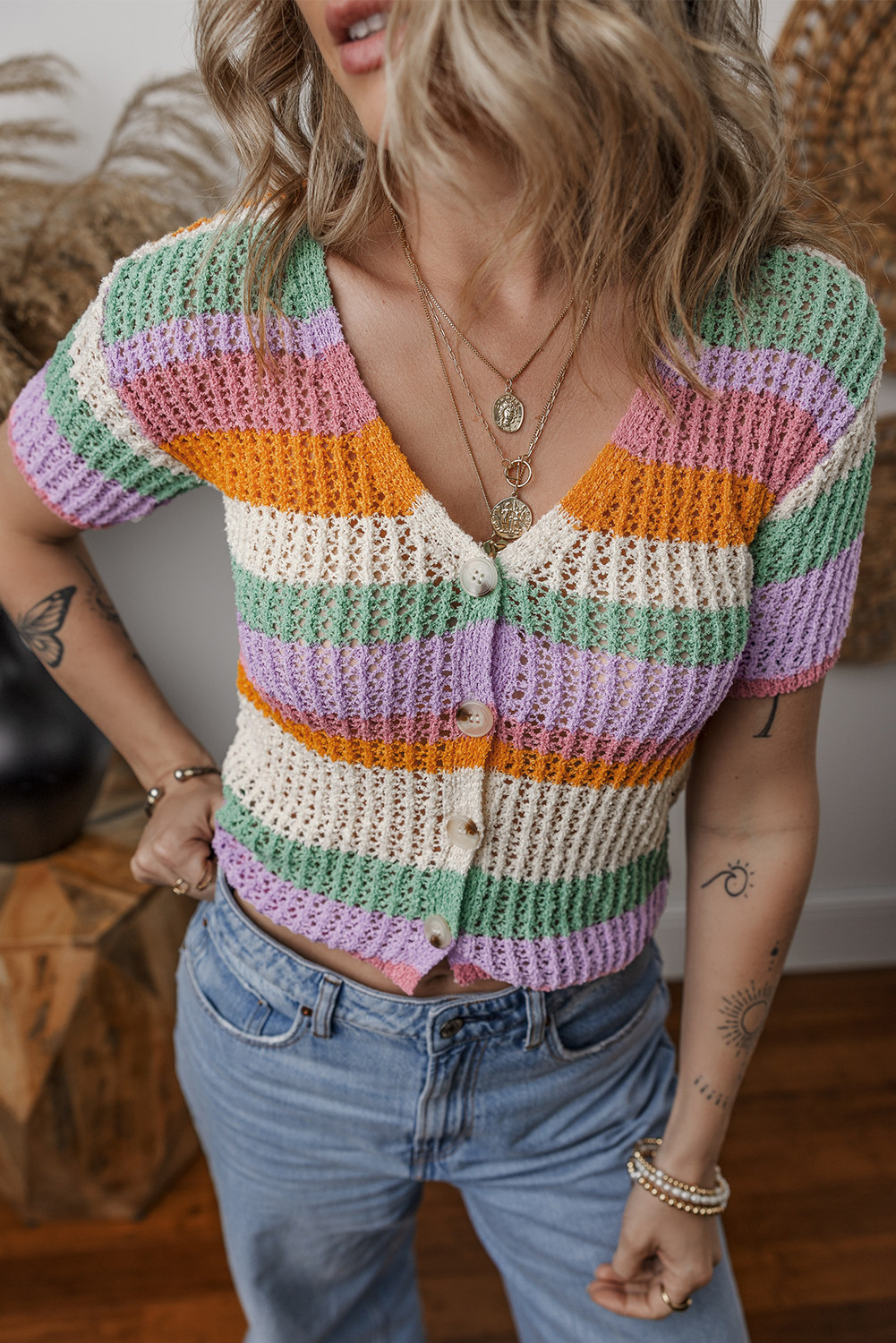 Orange Colorblock Striped Cropped Pointelle Knit Top