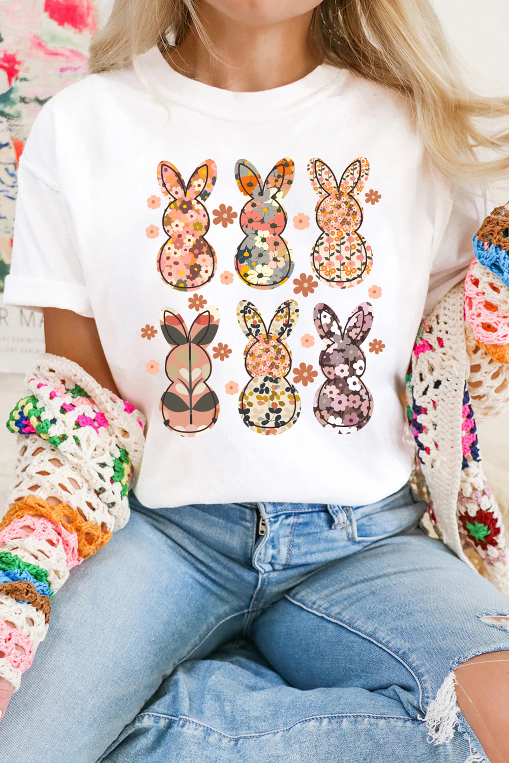 White Floral Rabbit Graphic Easter Fashion Tee