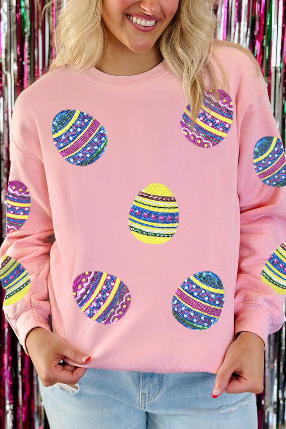 Pink Easter Egg Graphic Round Neck Sweatshirt