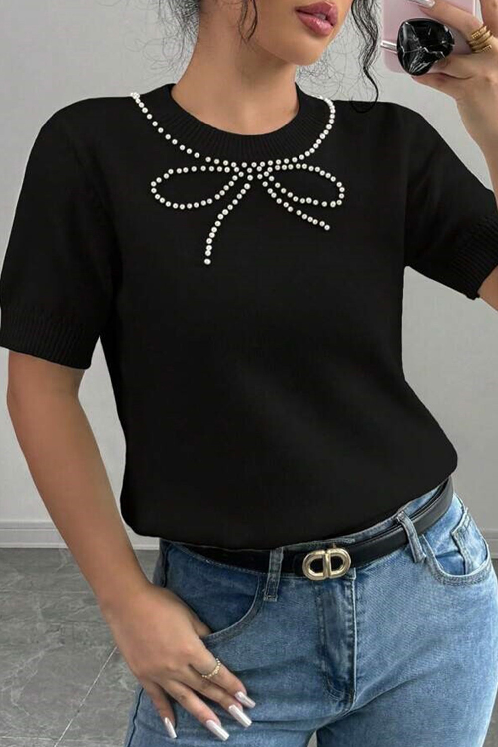 Black Pearl Bow Embellished Short Sleeve T Shirt