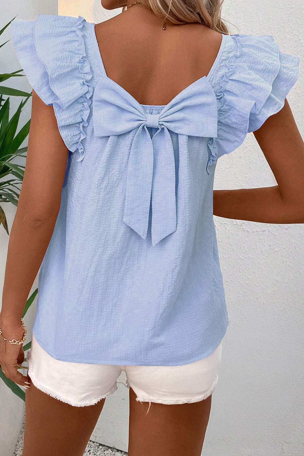 Beau Blue Textured Bow Frilled Ruffle Sleeve Blouse