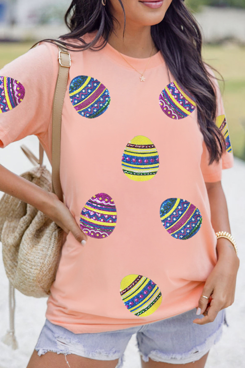 Pink Sequin Easter Egg Patched Crewneck Tee