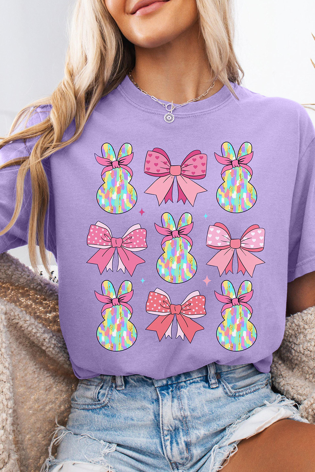 Wisteria Dotty Bowknot Bunny Graphic Easter T Shirt