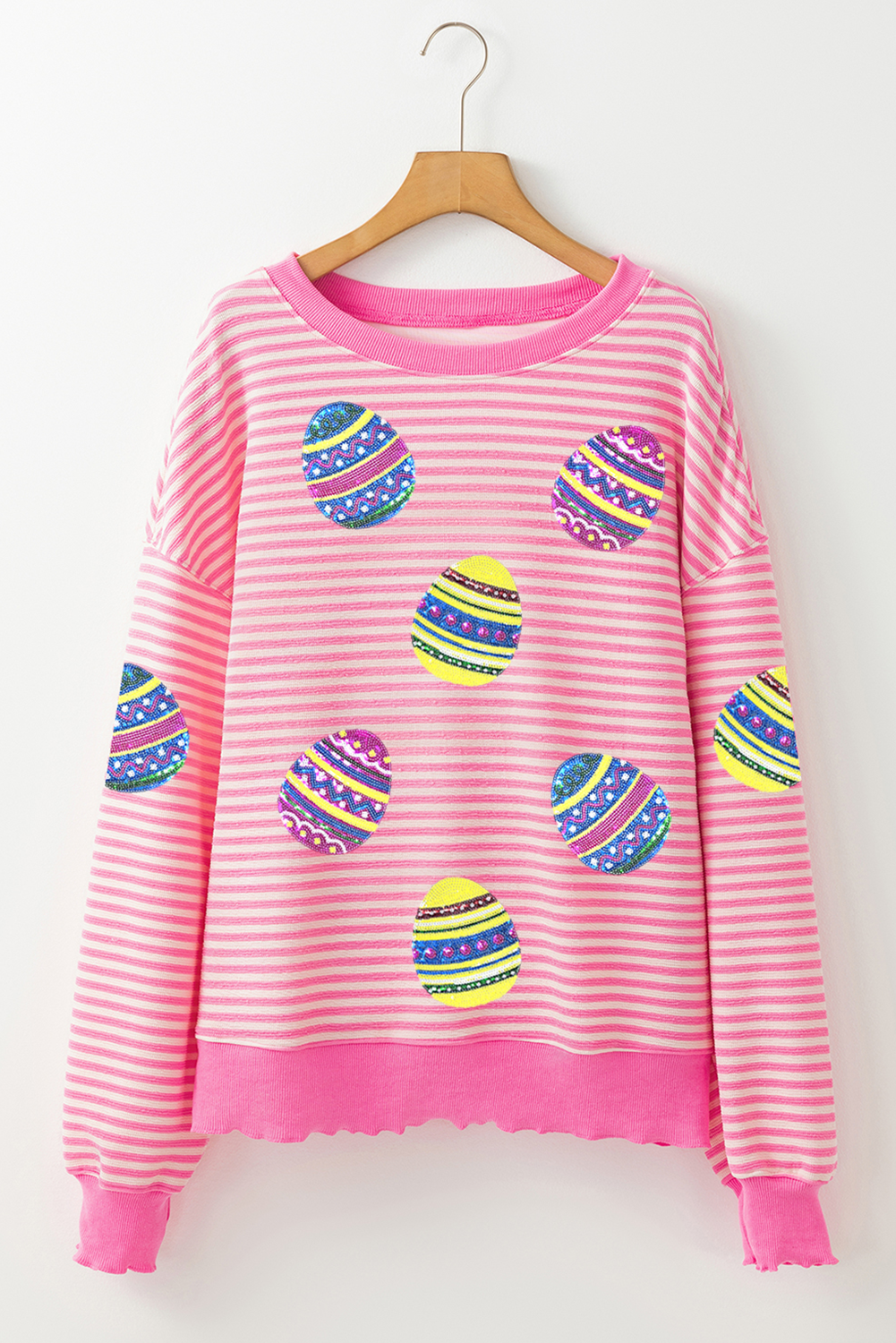 Pink Stripe Sequin Easter Egg Patched Long Sleeve Top