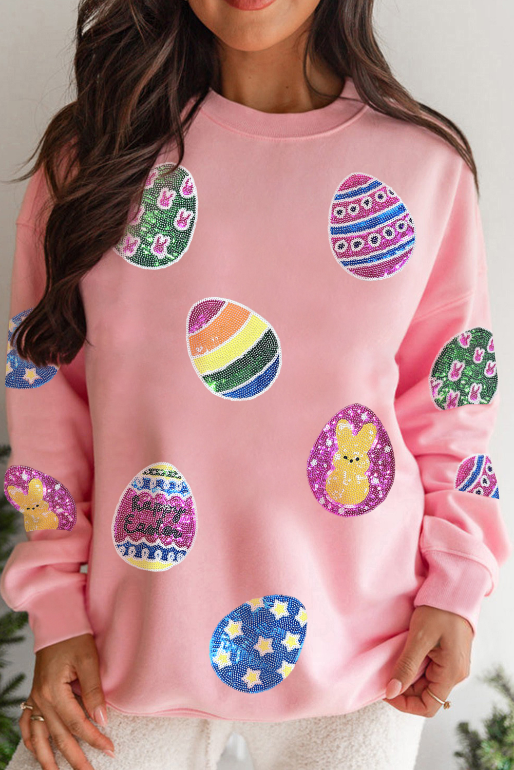 Pink Sequin Easter Egg Patched Pullover Sweatshirt