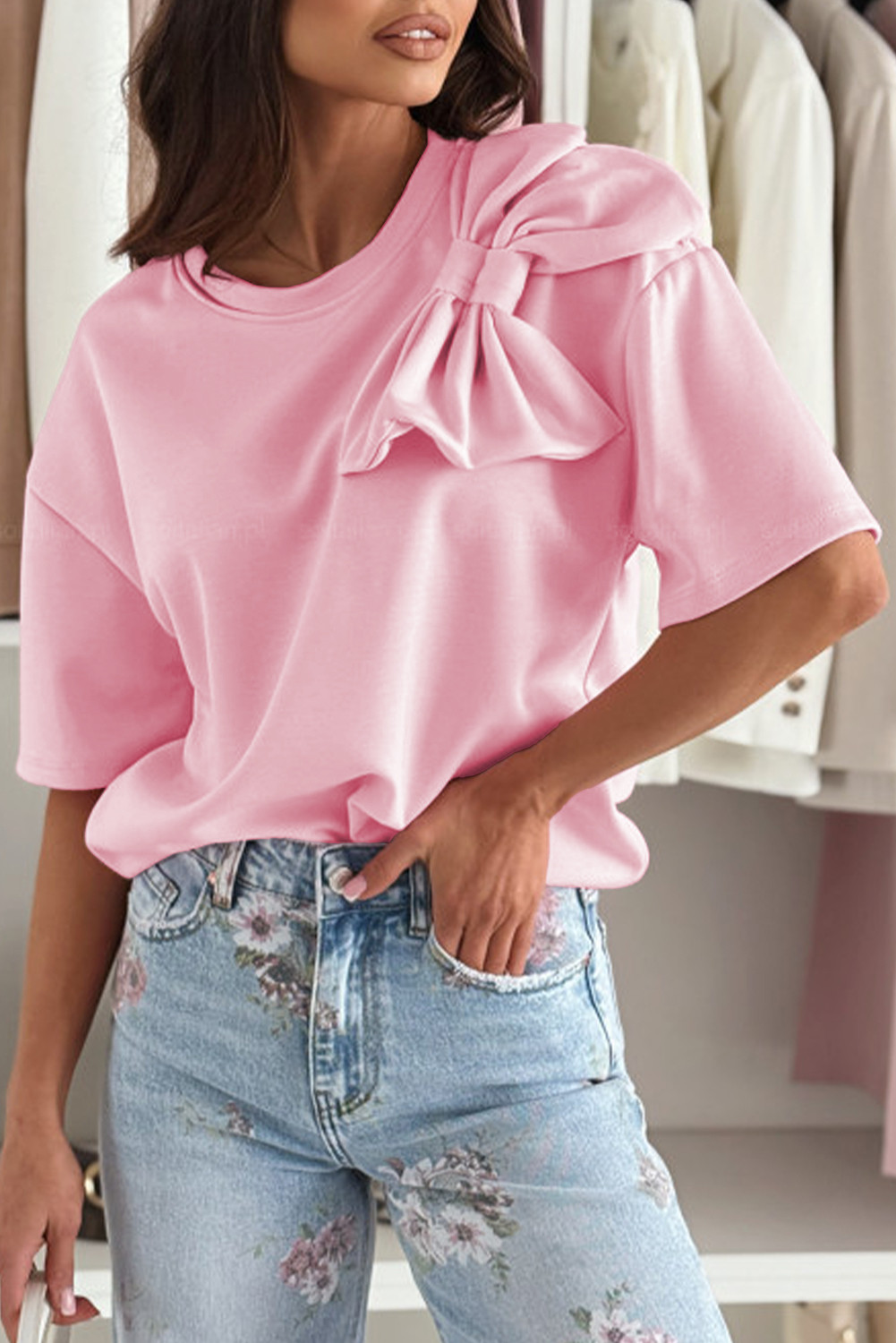 Pink Bow Applique Solid Color Sweet T-shirt