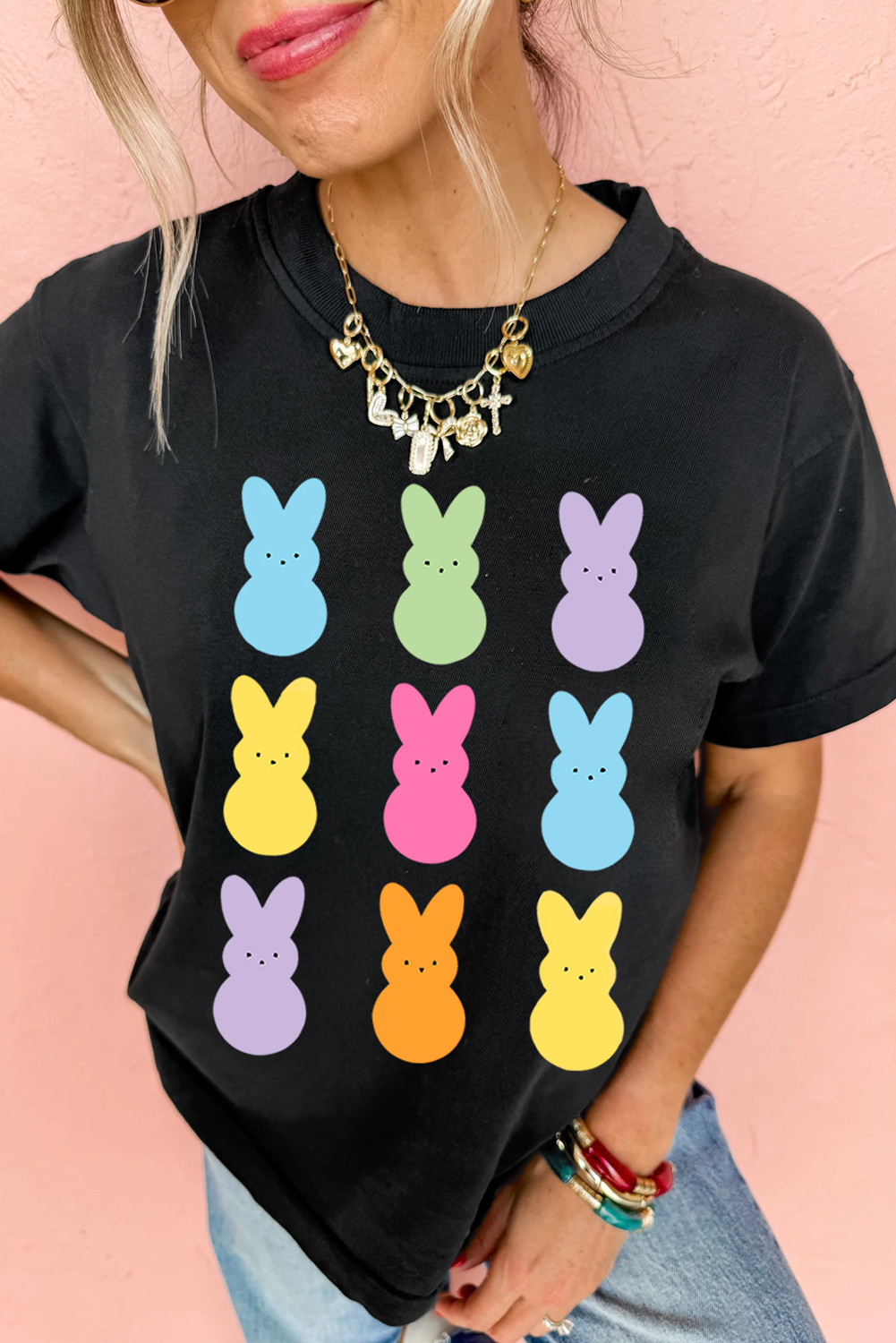 Black Easter Rabbit Print Graphic Crew Neck T Shirt