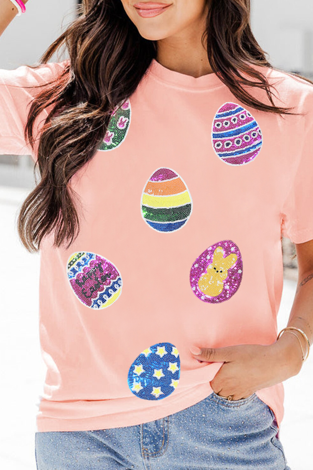 Pink Sequin Easter Egg Patched Crewneck Tee