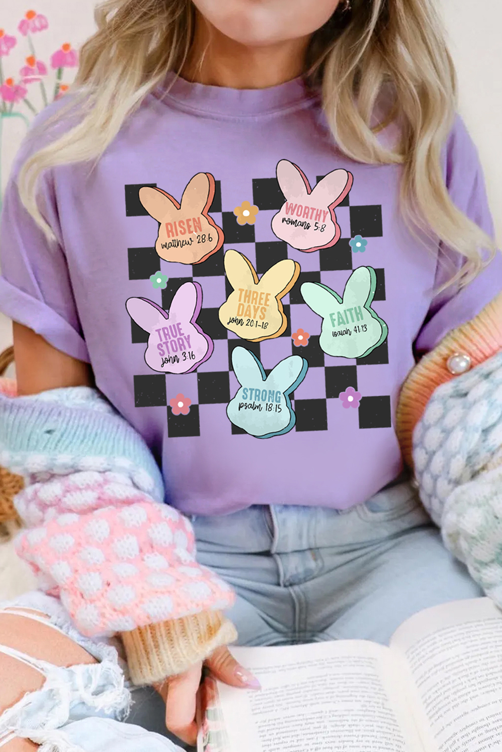 Wisteria Checkered Rabbit Graphic Easter Fashion Tee