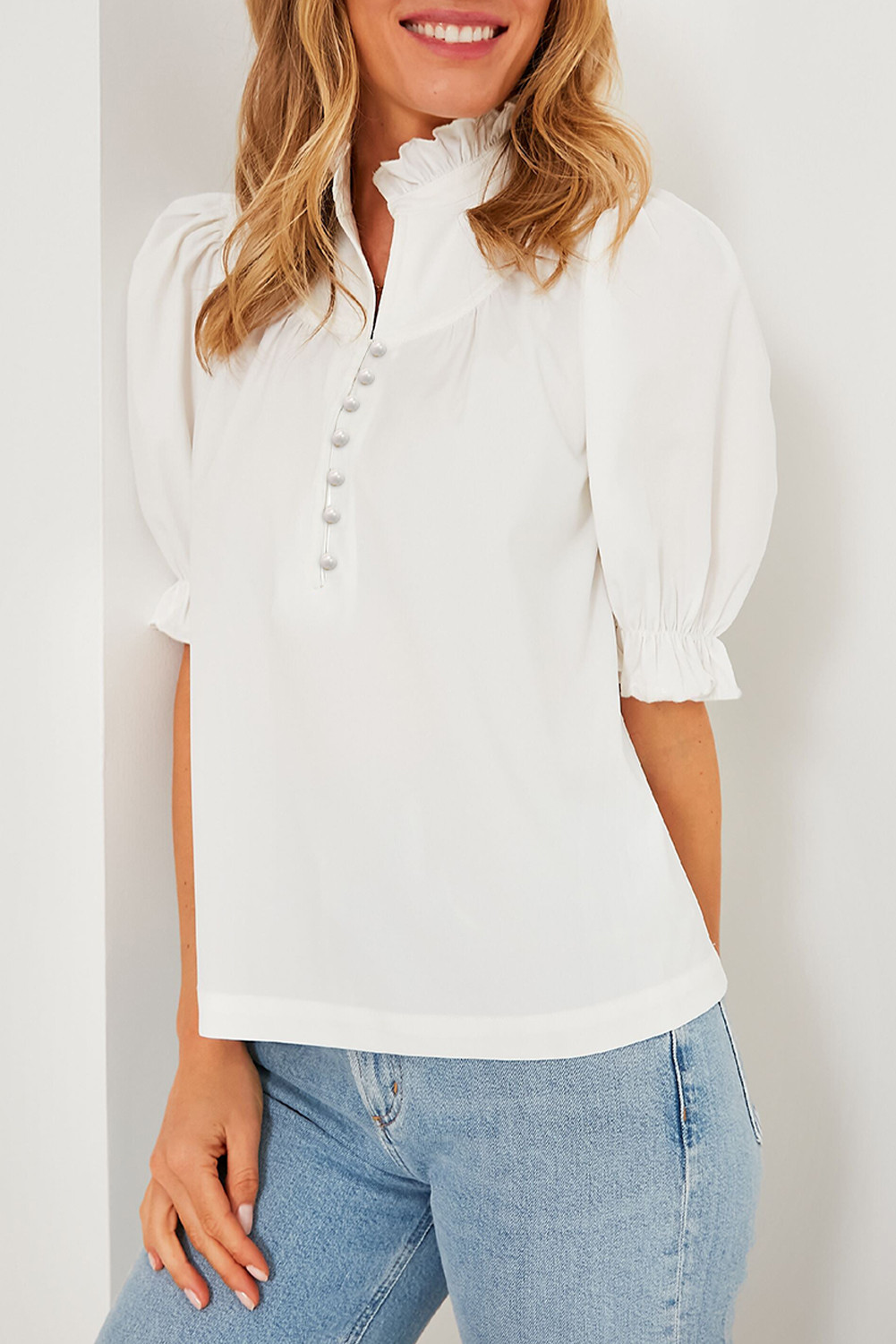 White Solid Color Frill Trim Puff Sleeve Blouse