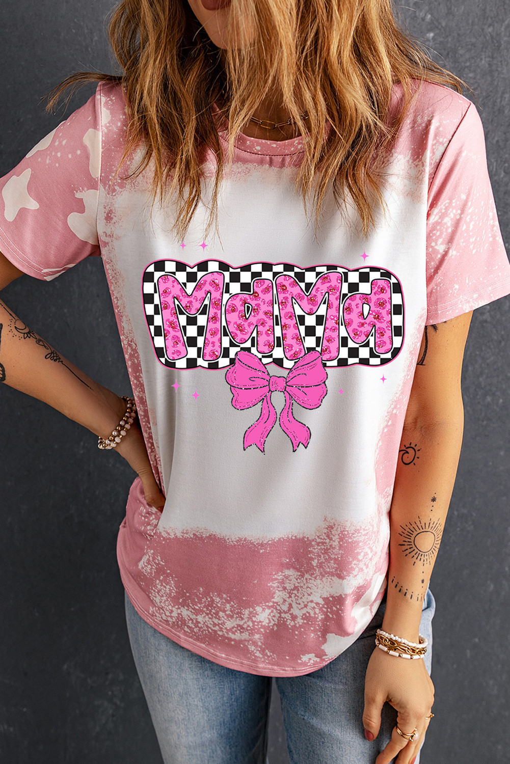 Pink Checkered Bow MAMA Graphic Tie dye Tee