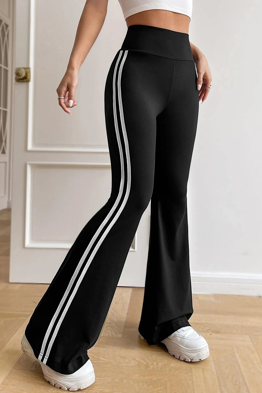 Black High Waist Striped Side Flare Pants
