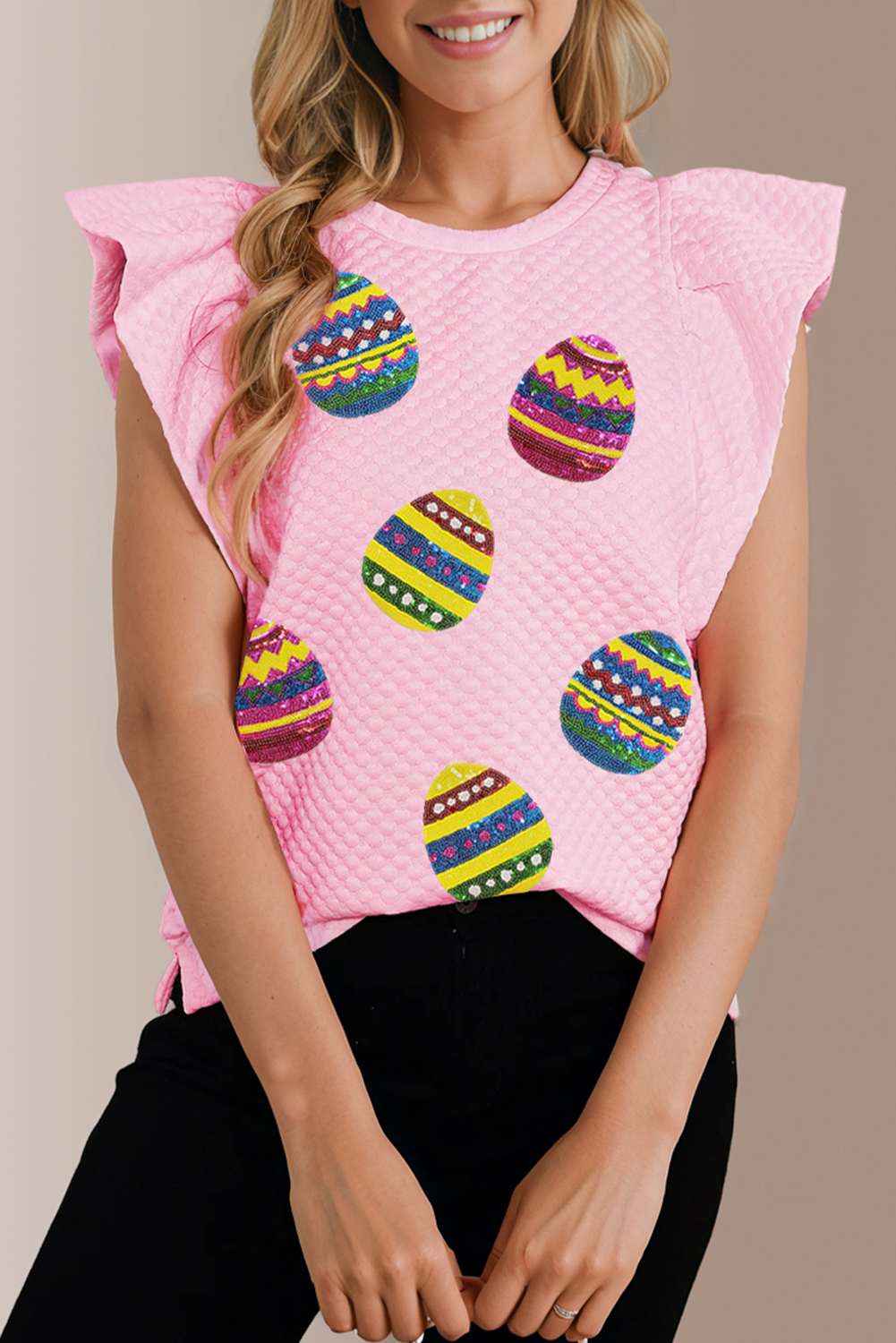 Pink Sequin Easter Egg Patched Textured Flutter Sleeve Top