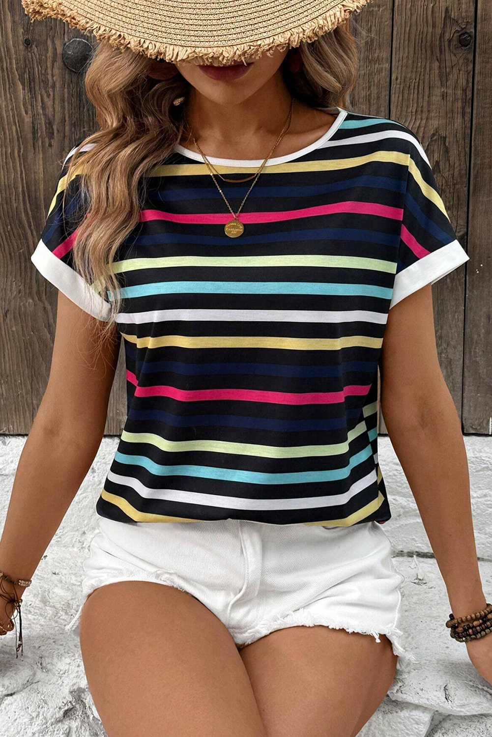 Shewin Wholesale WESTERN Black Colorful Striped Contrast Edge Crew Neck T Shirt