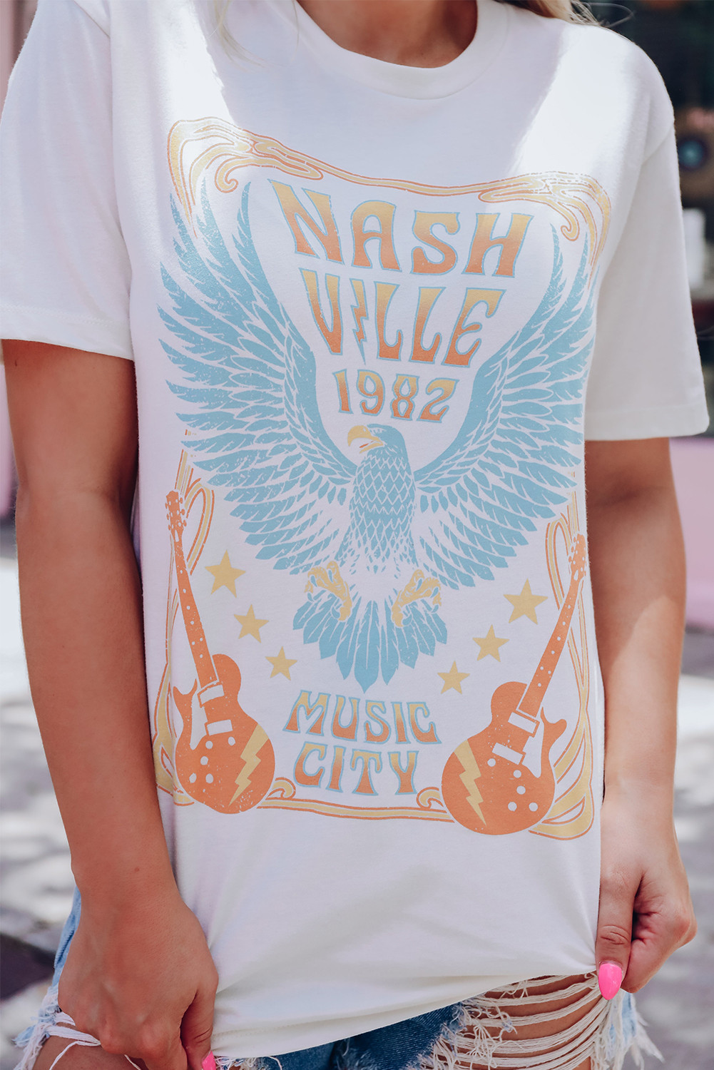 White Nashville 1982 Eagle Print Casual Graphic T Shirt