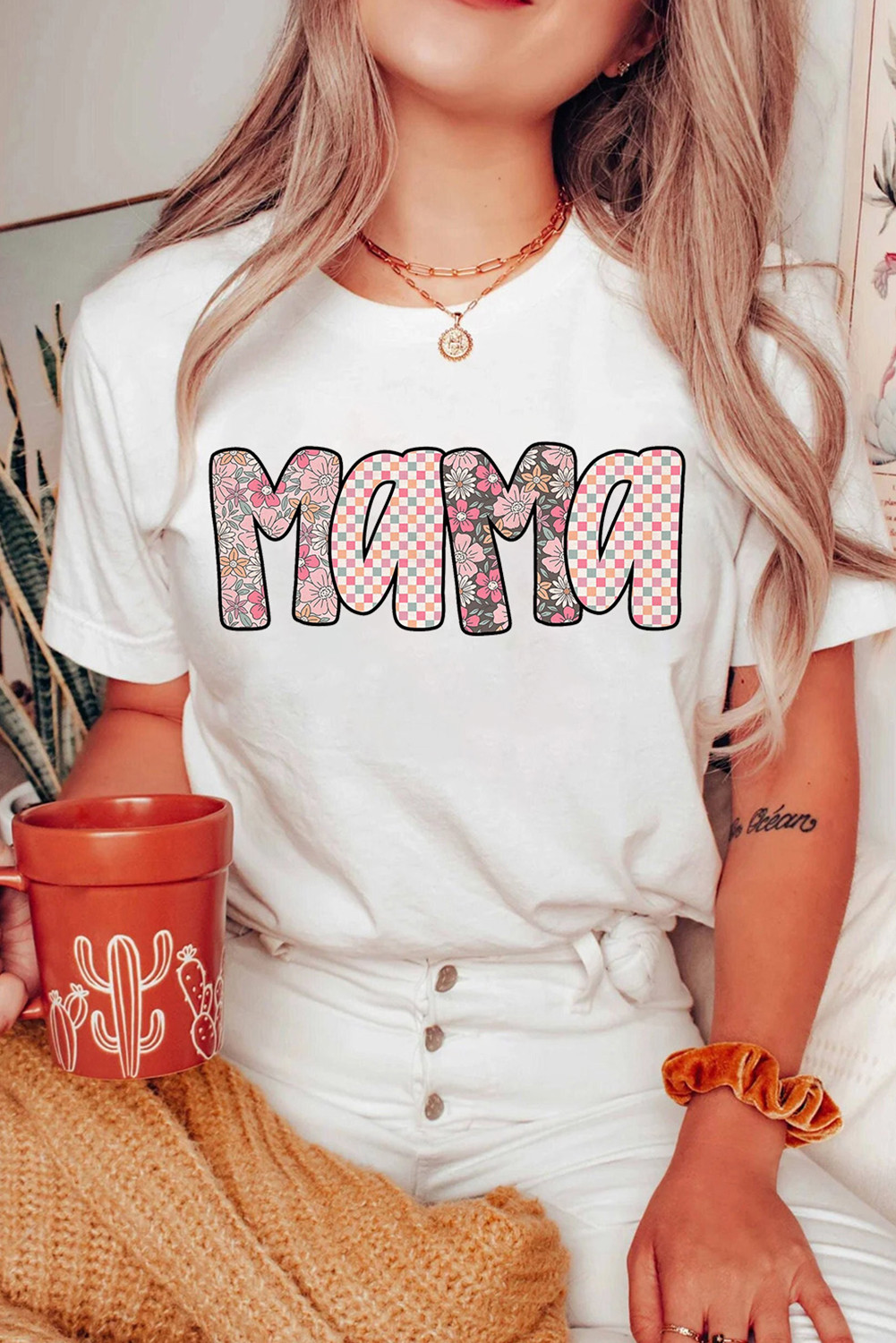 White Checkered Floral MaMa Graphic Crewneck T Shirt