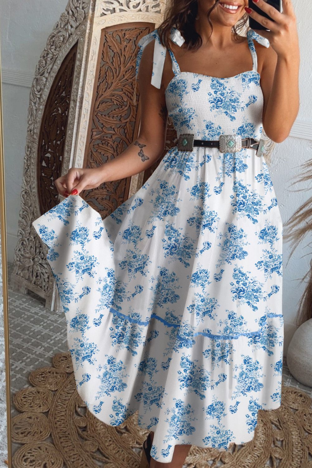 Sky Blue Floral Print Smocked Knot Shoulder Sleeveless Midi Dress