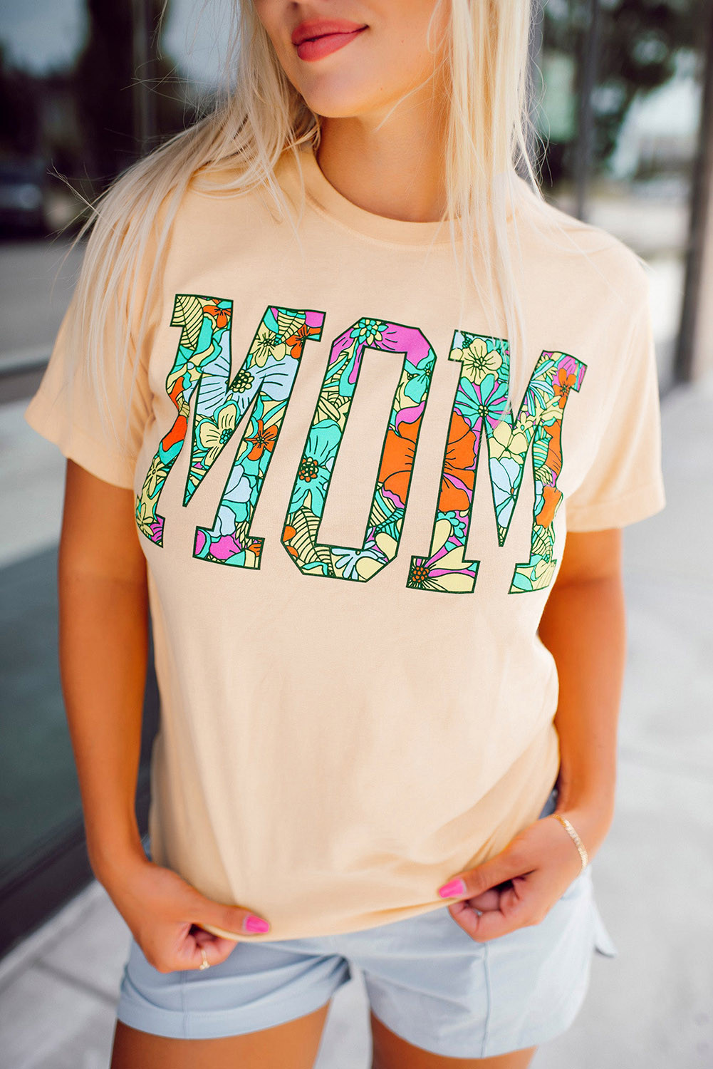 Khaki Basic MOM Floral Letter Print T Shirt