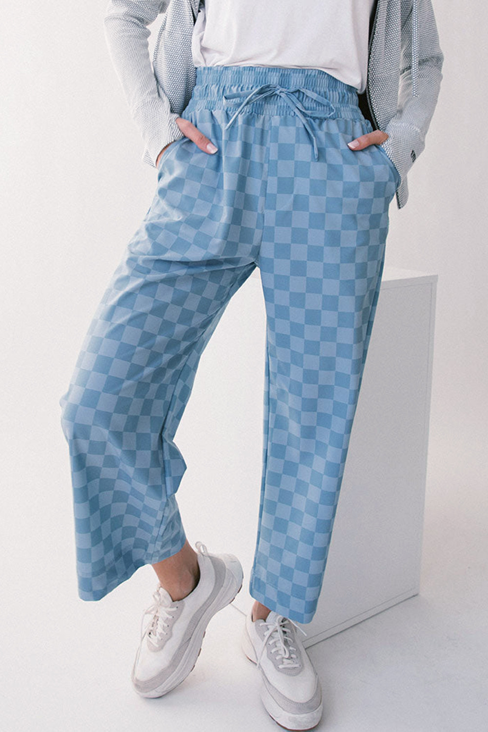 Sky Blue Tie Elastic Waist Checkered Loose Pants