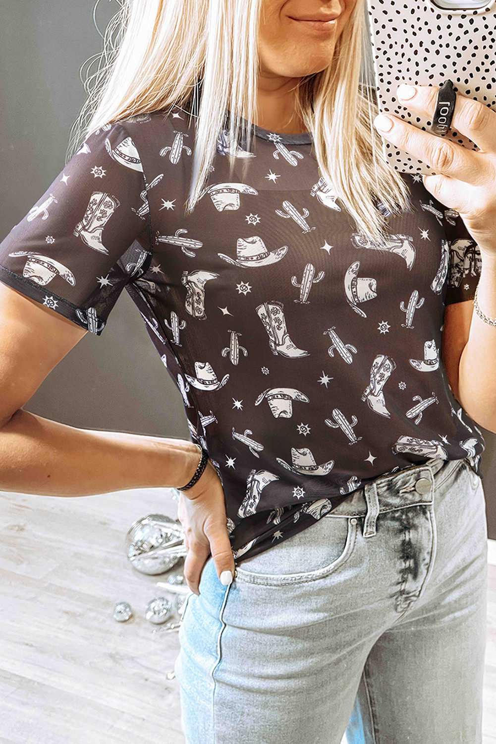 Black Vintage Mesh Sheer Crew Neck T Shirt