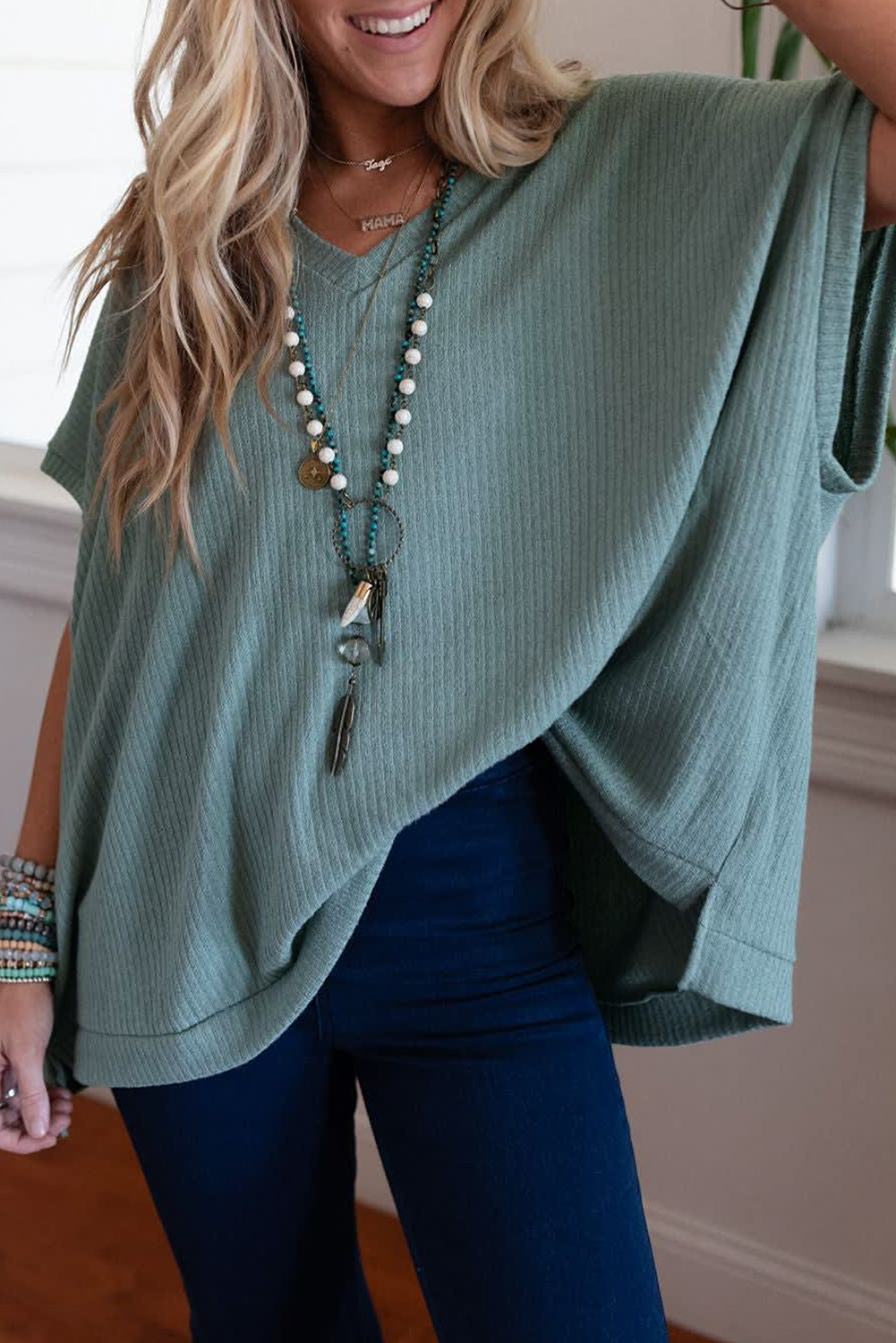 Shewin Wholesale WESTERN Moonlight Jade Oversized Ribbed Knit V Neck Short Sleeve Top