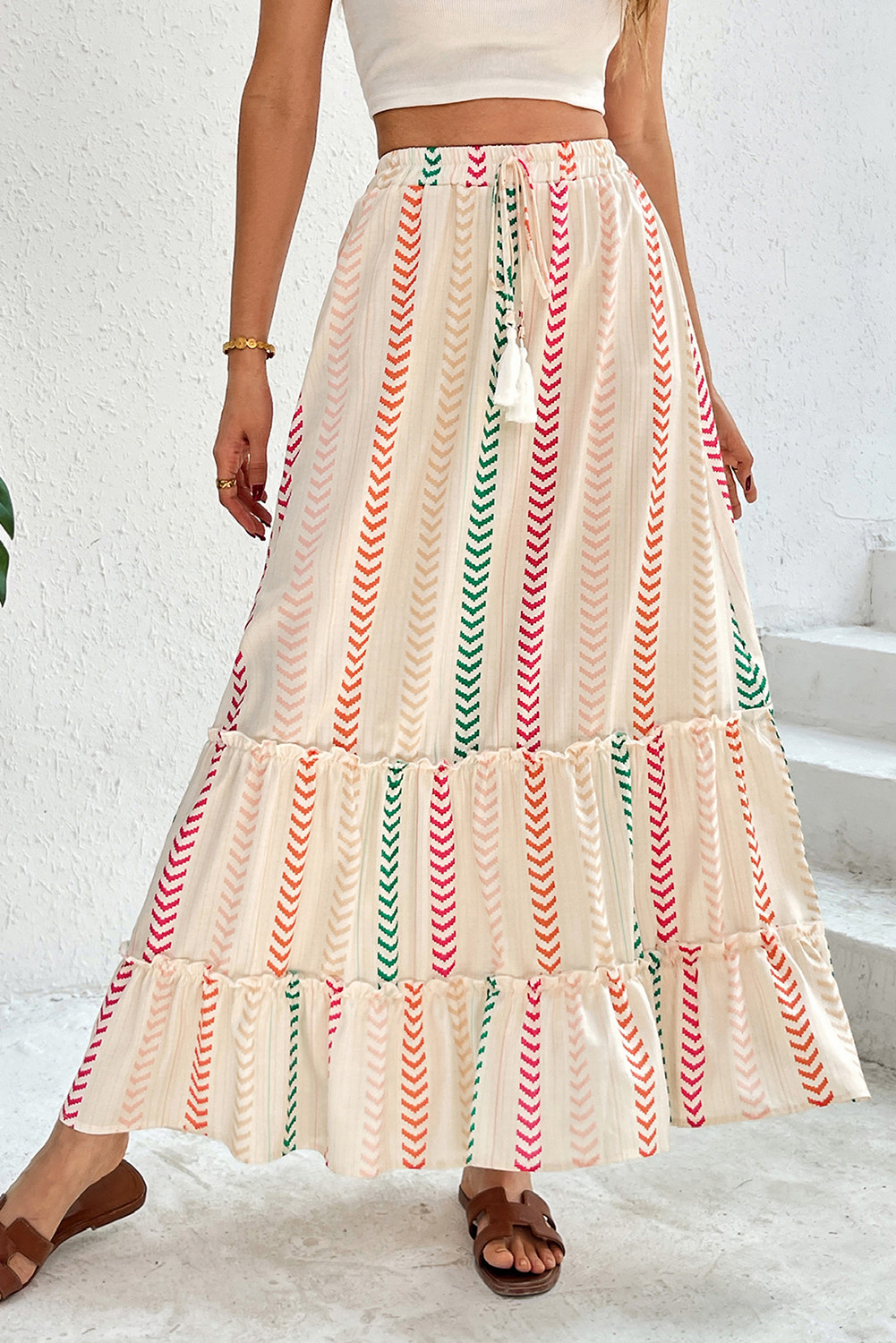 Multicolour Stripe Boho Tassel Tie Waist Tiered Maxi Skirt