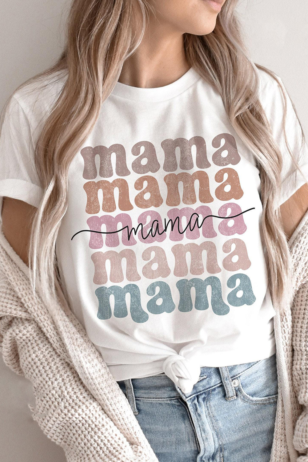 White mama Letter Print Crew Neck Tee