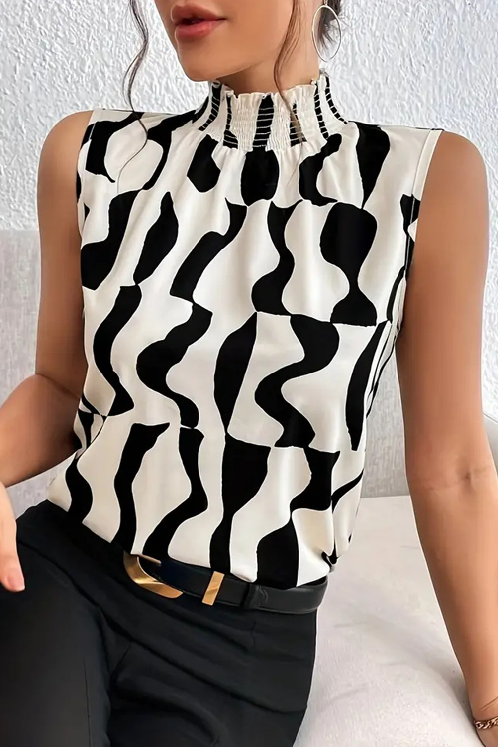 Black Abstract Print Smocked Neck Sleeveless Top