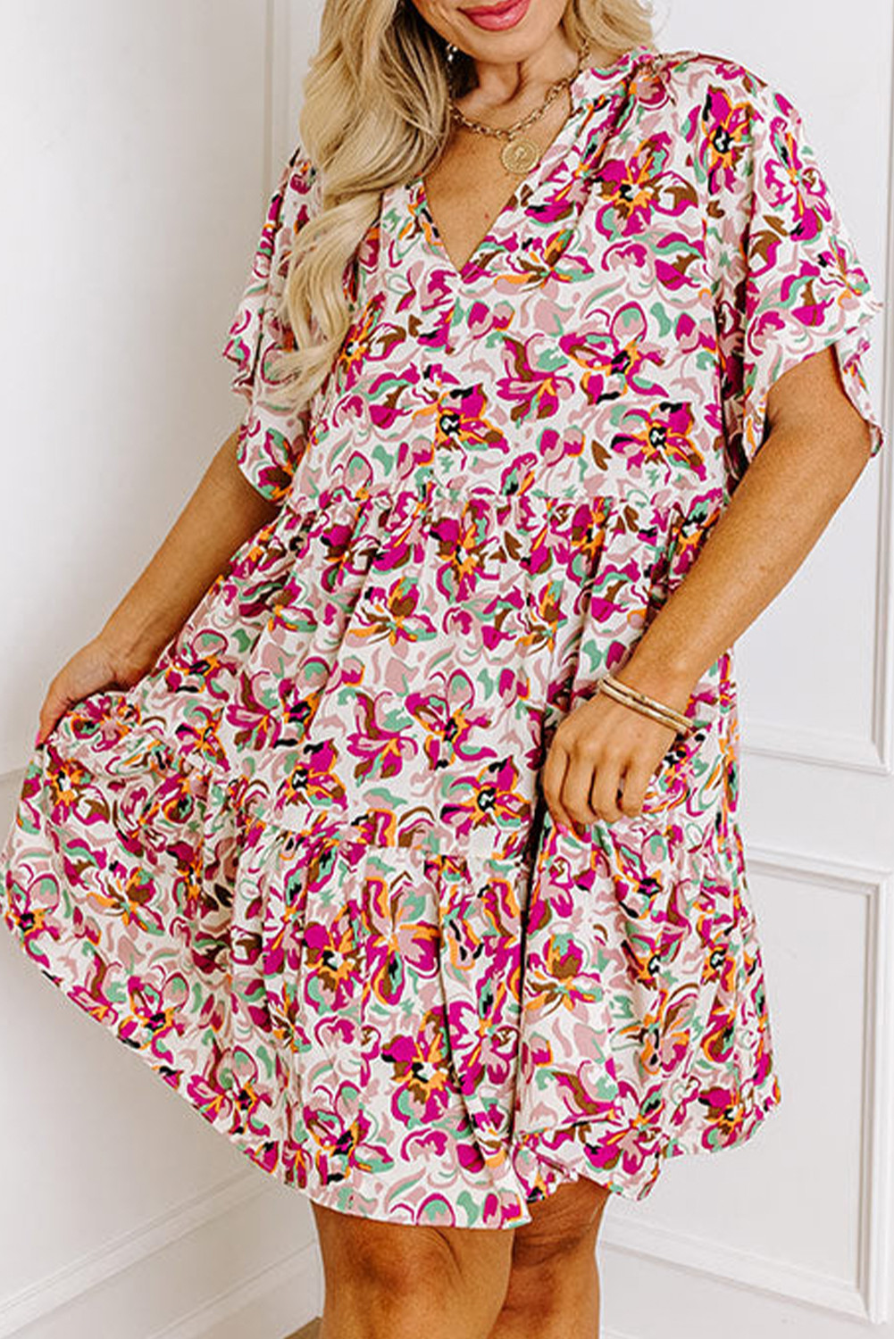 White Abstract Print V Neck Short Sleeve Ruffle Plus Size Mini Dress