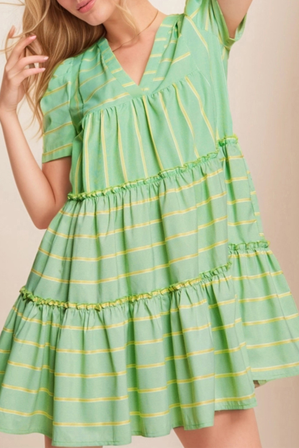 Green Striped V Neck Frill Tiered Mini Dress