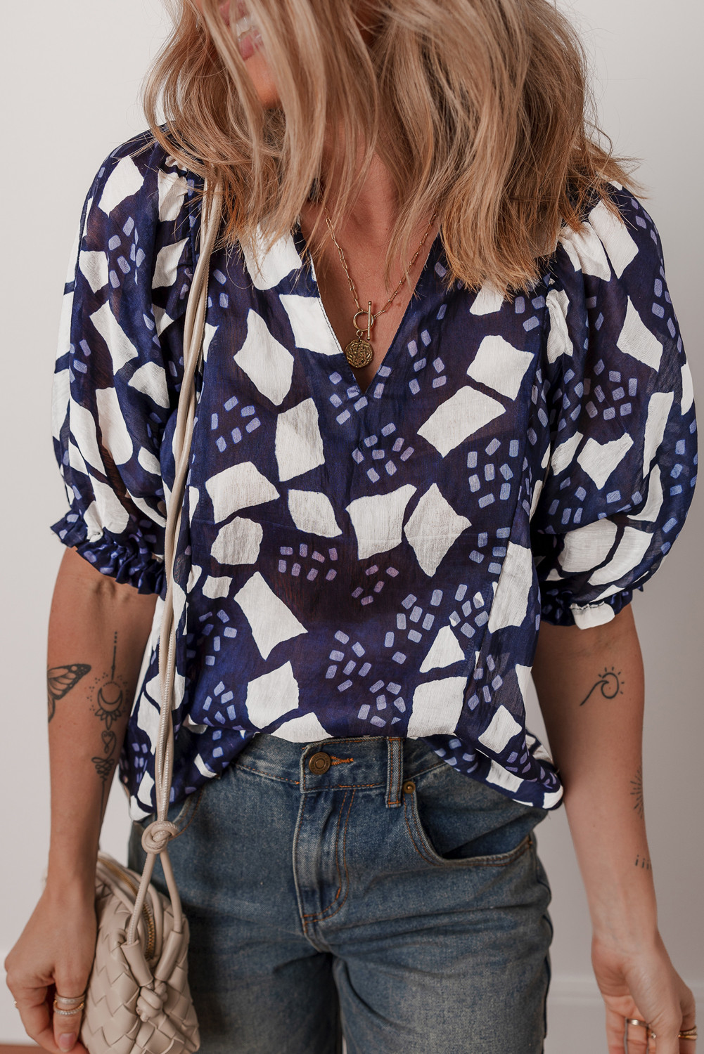 Blue Abstract Print Frill Puff Sleeve Loose Fit Blouse
