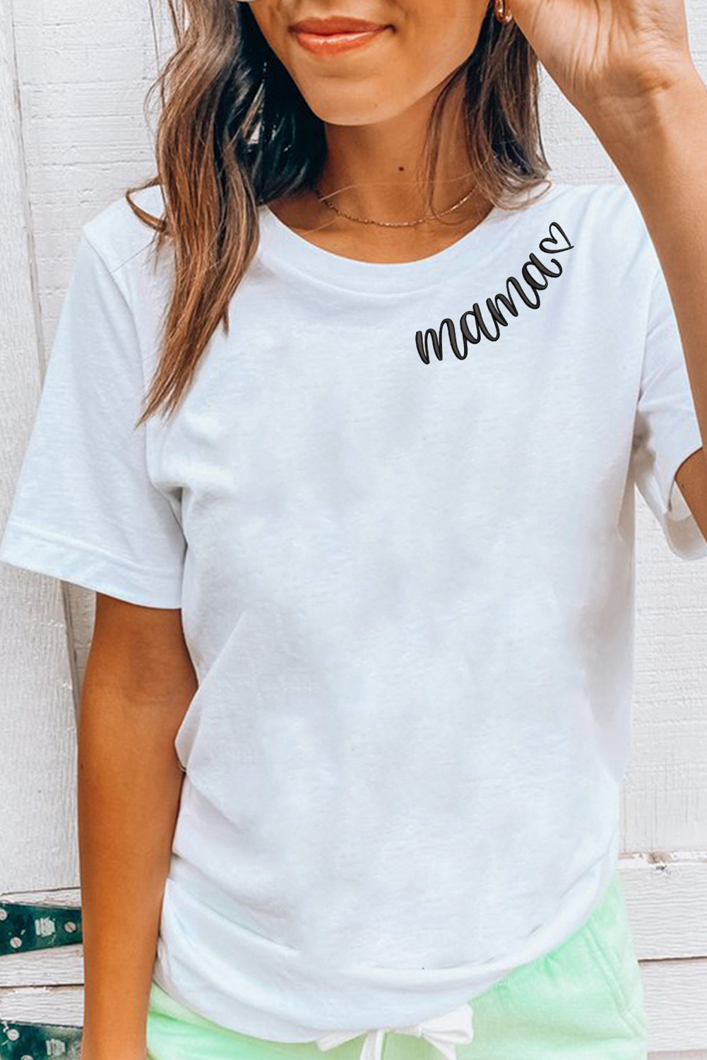 White mama Heart Print Crew Neck T Shirt