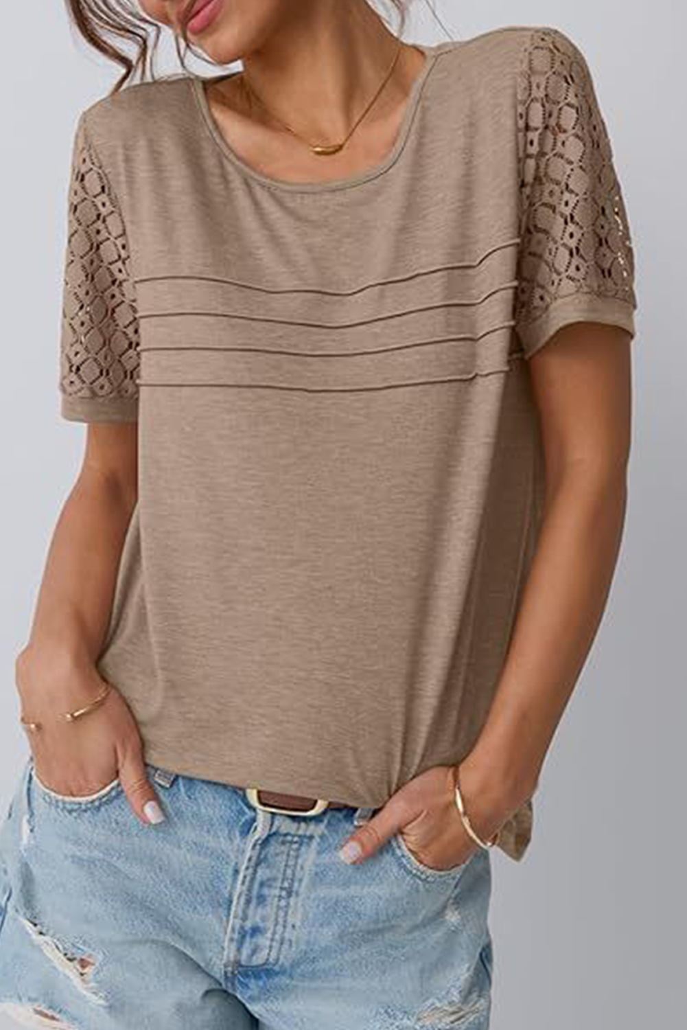 Smoke Gray Lace Patchwork Sleeve Round Neck T Shirt