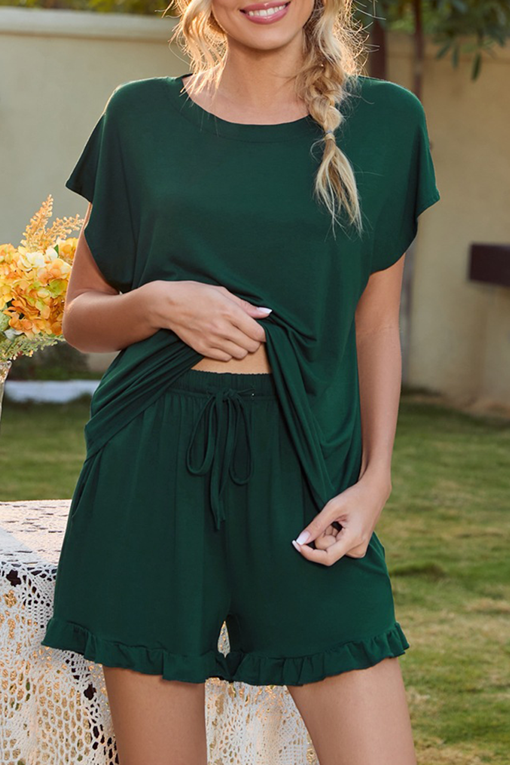 Evergreen Solid Color Round Neck Loungewear Set