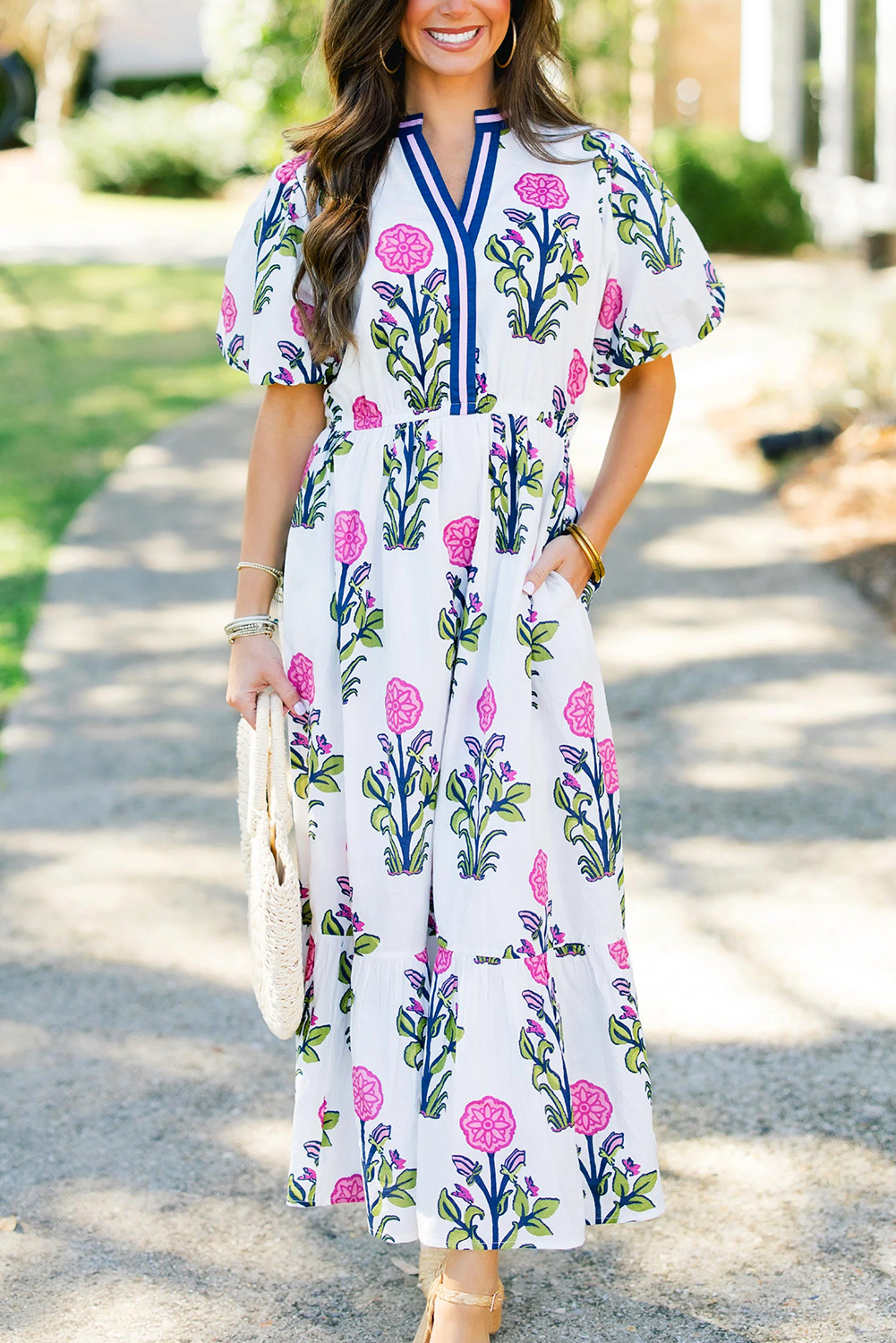 White Floral Ruffle Hem Pop of Color Neckline Dress
